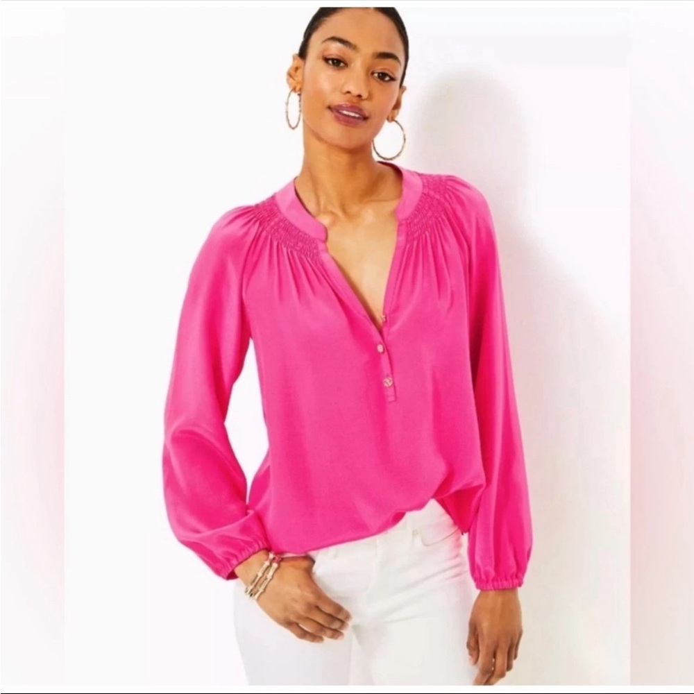 Lilly Pulitzer Elsa Top Hot Pink 100%‎ Silk Smocked Blouse Gold Buttons XS